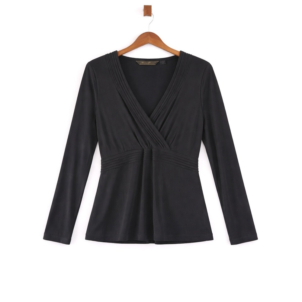 Eddie Bauer Black V Neck Long Sleeve Pleated Faux‎ Wrap Top Women's XXL